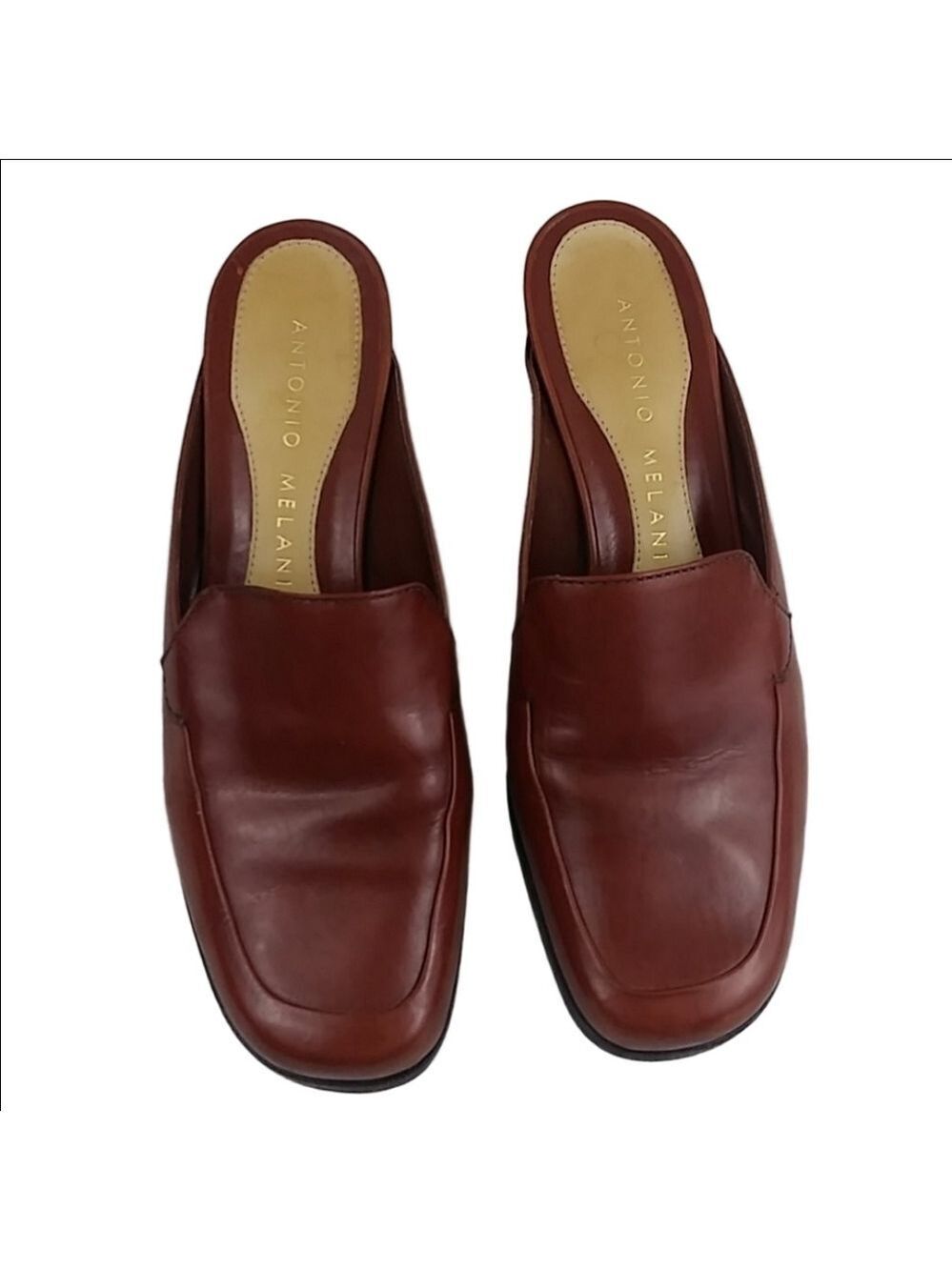 Antonio Melani Brown Leather Upper Square Toe Mid Blocked Heel Slip On Mule Shoe